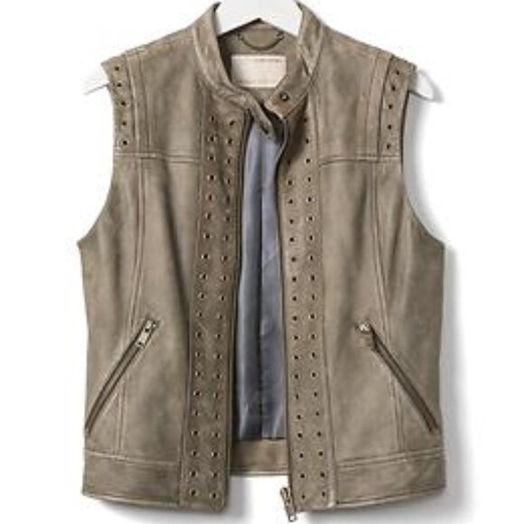 Banana Republic Heritage Leather Grommet Vest Olive XS NWT - Picture 2 of 12
